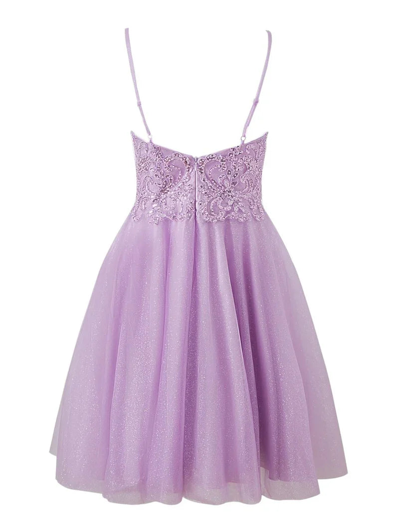 Stunning Lilac Spaghetti Straps A-Line Tulle Applique Short Prom Dresses ED02635