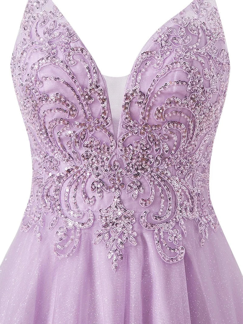 Stunning Lilac Spaghetti Straps A-Line Tulle Applique Short Prom Dresses ED02635