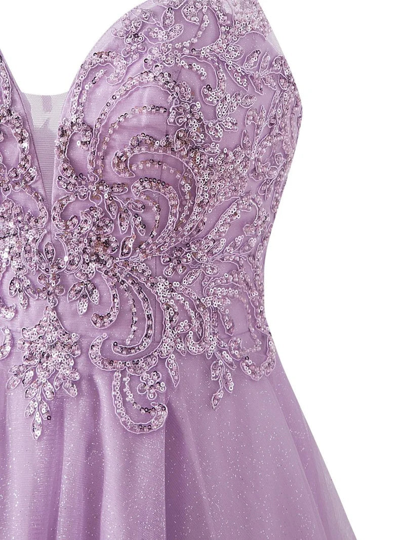Stunning Lilac Spaghetti Straps A-Line Tulle Applique Short Prom Dresses ED02635