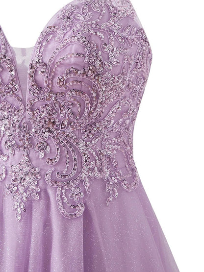 Stunning Lilac Spaghetti Straps A-Line Tulle Applique Short Prom Dresses ED02635