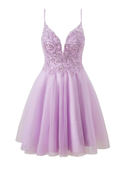Stunning Lilac Spaghetti Straps A-Line Tulle Applique Short Prom Dresses ED02635