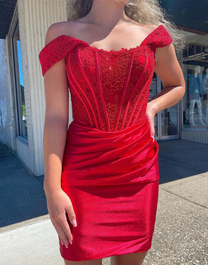 Gorgeous Red Off Shoulder Bodycon Applique Satin Short Prom Dresses Homecoming Dress ED02638