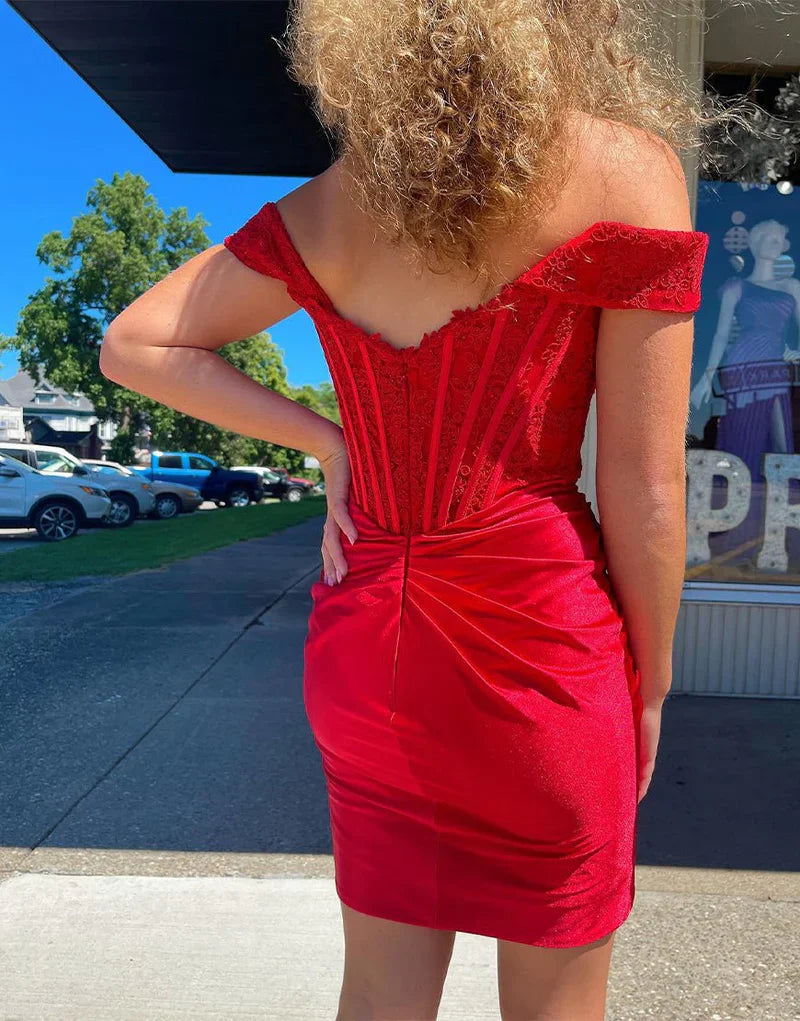 Gorgeous Red Off Shoulder Bodycon Applique Satin Short Prom Dresses Homecoming Dress ED02638