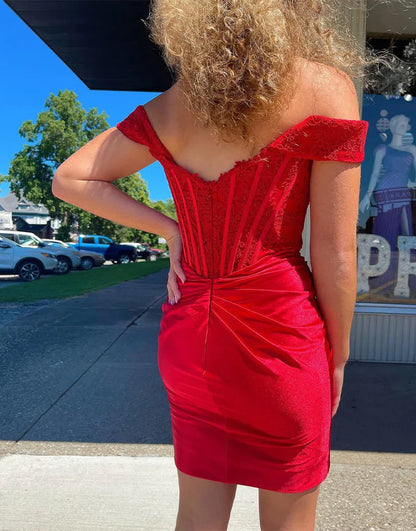 Gorgeous Red Off Shoulder Bodycon Applique Satin Short Prom Dresses Homecoming Dress ED02638