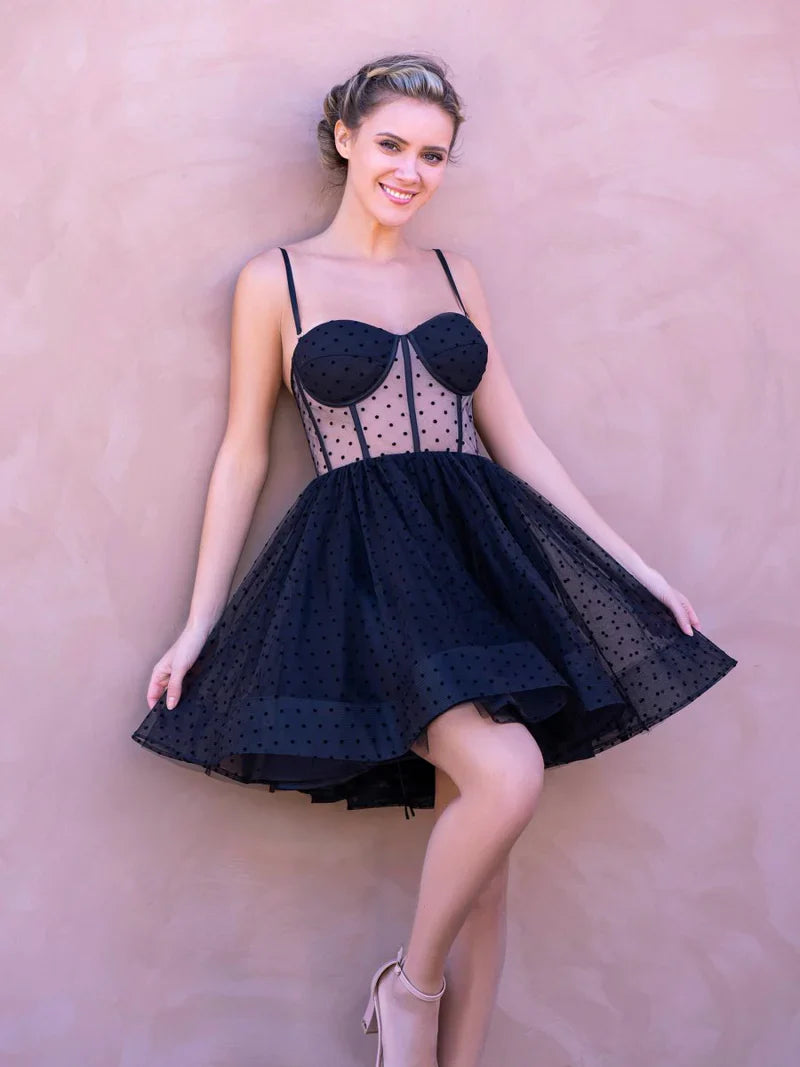 Fashion Black Polka Dot Spaghetti Straps A-Line Tulle Short Prom Dresses Homecoming Dress ED02639