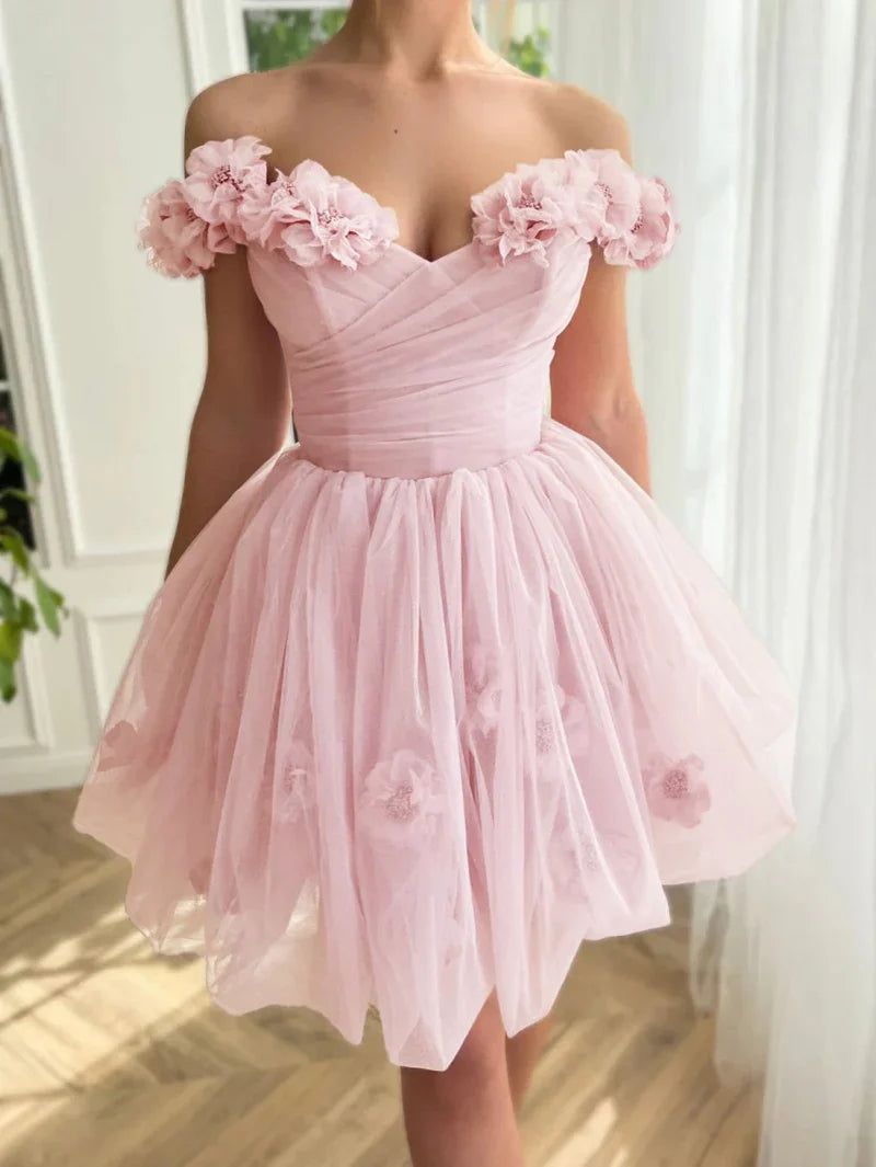 Elegant Pink Off-the-shoulder A-Line Tulle Short Prom Dresses Homecoming Dress ED02641