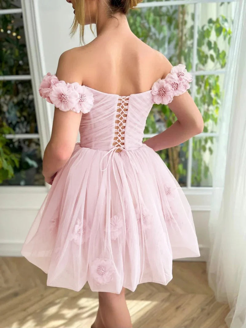Elegant Pink Off-the-shoulder A-Line Tulle Short Prom Dresses Homecoming Dress ED02641