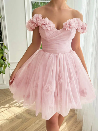 Elegant Pink Off-the-shoulder A-Line Tulle Short Prom Dresses Homecoming Dress ED02641
