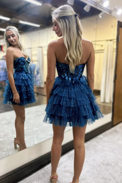 Glitter Blue A-line Sweetheart Tulle Short Prom Dresses Homecoming Dress With Mirror  ED02643