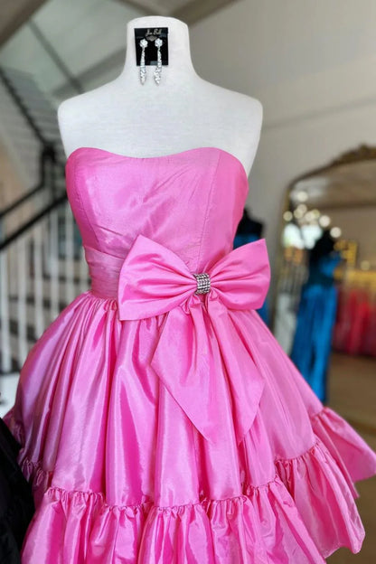 Sweet Pink Strapless A-line Satin Short Prom Dresses Homecoming Dress With Bow  ED02644