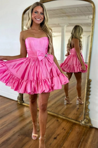 Sweet Pink Strapless A-line Satin Short Prom Dresses Homecoming Dress With Bow  ED02644