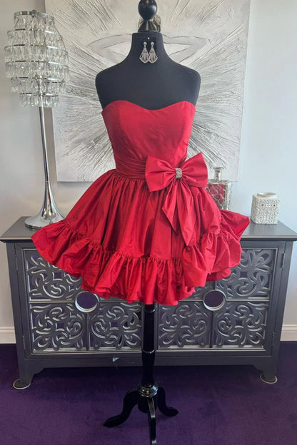 Sweet Pink Strapless A-line Satin Short Prom Dresses Homecoming Dress With Bow  ED02644