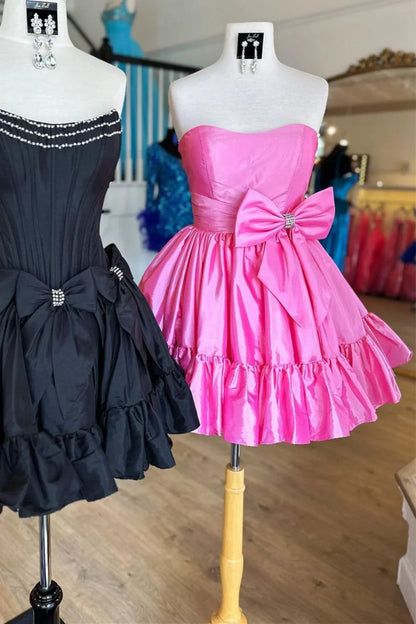 Sweet Pink Strapless A-line Satin Short Prom Dresses Homecoming Dress With Bow  ED02644