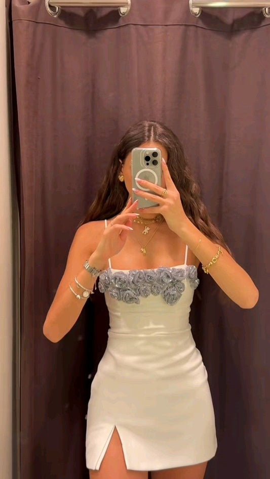 Elegant Off-White Spaghetti Straps Bodycon Satin Short Party Dresses Homecoming Dress ED02647