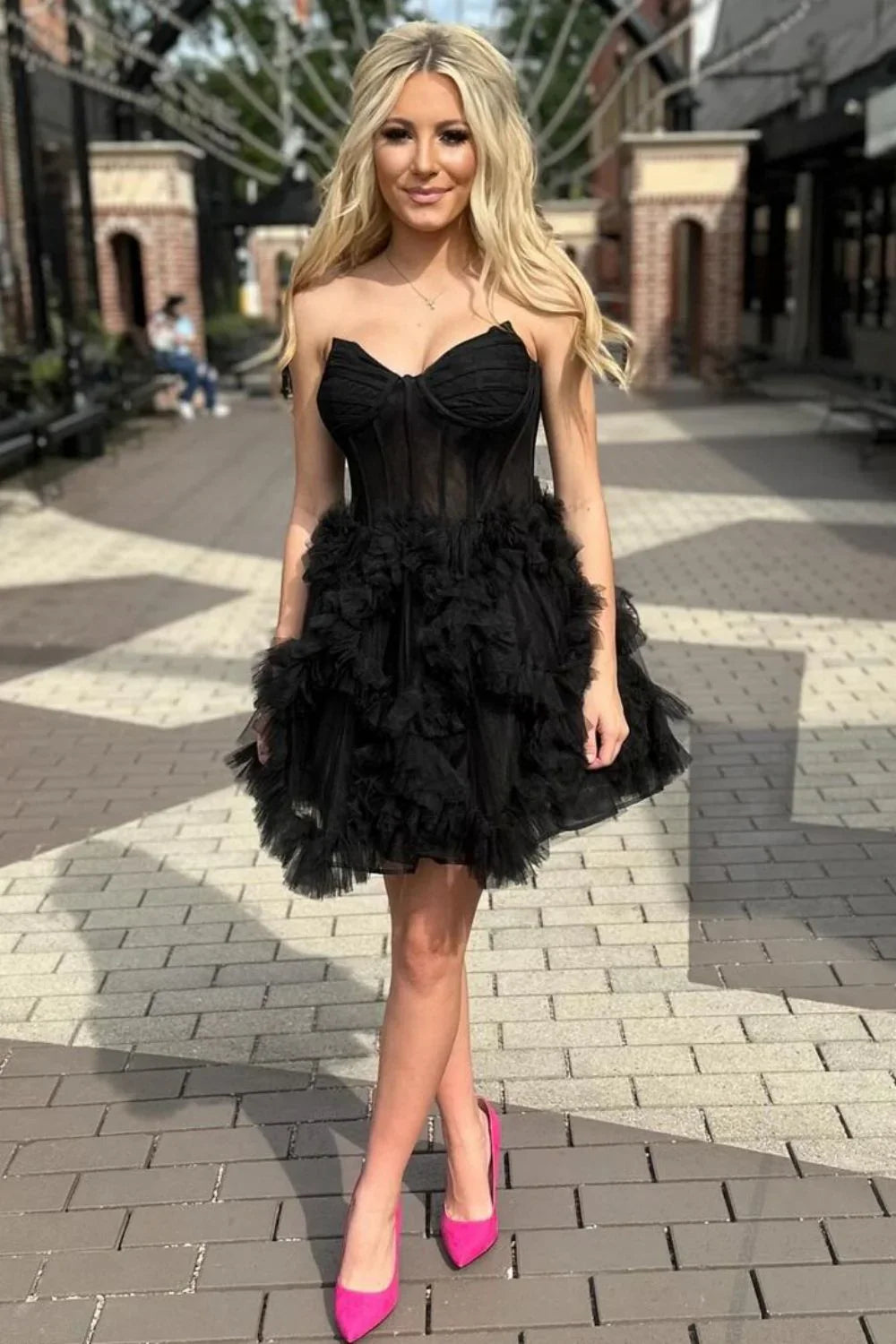Simple Black Strapless A-Line Tulle Short Prom Dresses Homecoming Dress ED02651