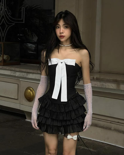 Sexy Black Strapless A-Line Satin Short Prom Dresses Homecoming Dress with Bow ED02653