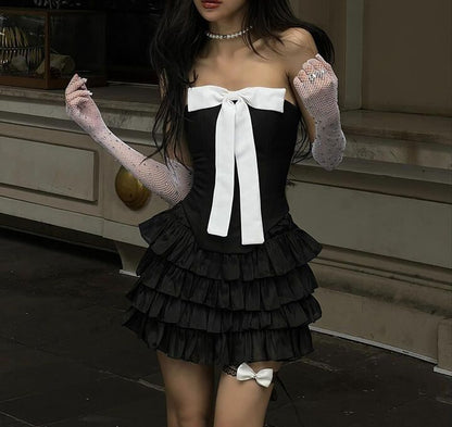 Sexy Black Strapless A-Line Satin Short Prom Dresses Homecoming Dress with Bow ED02653