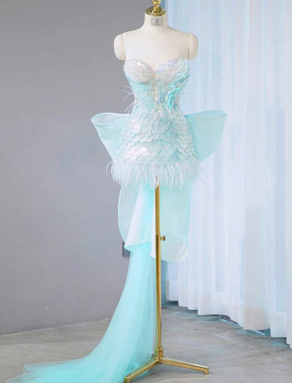 Stunning Ice Blue Strapless Bodycon Sequin Short Prom Dresses Homecoming Dress with Bow ED02658