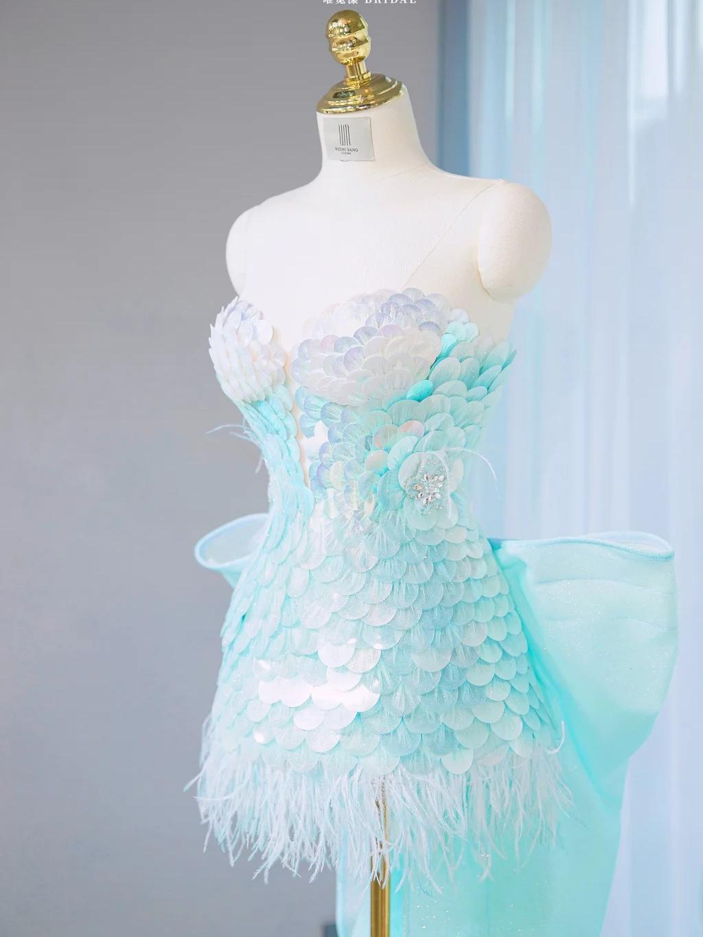 Stunning Ice Blue Strapless Bodycon Sequin Short Prom Dresses Homecoming Dress with Bow ED02658