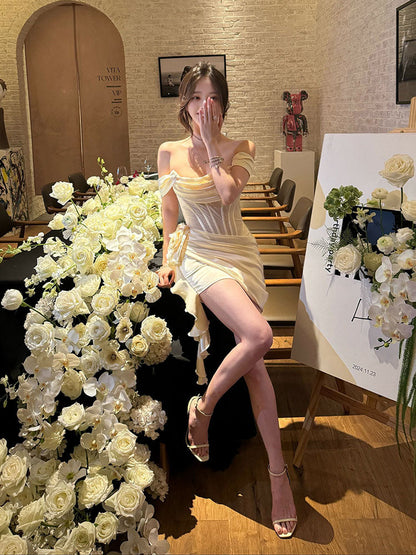 Elegant White Off-the-shoulder Bodycon Satin Short Prom Dresses Homecoming Dress ED02660