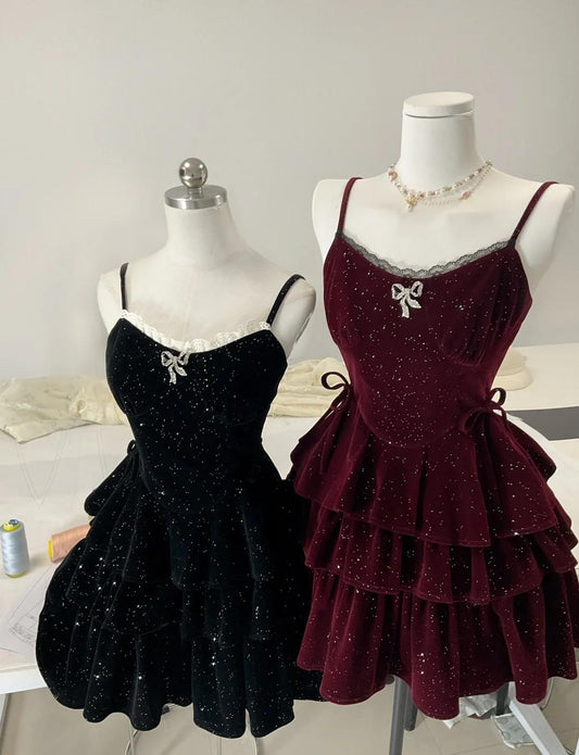 Gorgeous Burgundy/Black Spaghetti Straps Glitter Velvet A-Line Short Evening Gowns Sweet Homecoming Dress ED02662