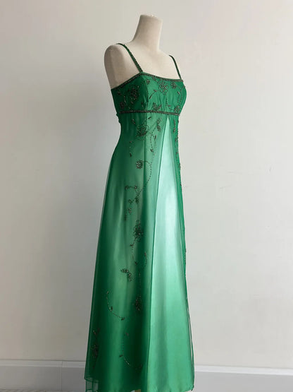 Stunning Green Gradient Spaghetti Strap A-Line Satin Beaded Chiffon Long Prom Dresses Vintage Formal Evening Gowns ED02663