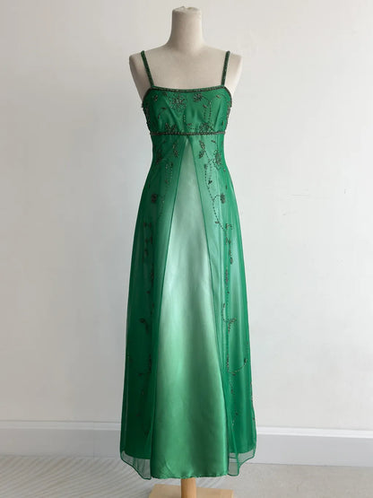 Stunning Green Gradient Spaghetti Strap A-Line Satin Beaded Chiffon Long Prom Dresses Vintage Formal Evening Gowns ED02663