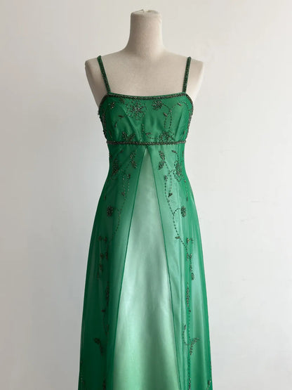 Stunning Green Gradient Spaghetti Strap A-Line Satin Beaded Chiffon Long Prom Dresses Vintage Formal Evening Gowns ED02663