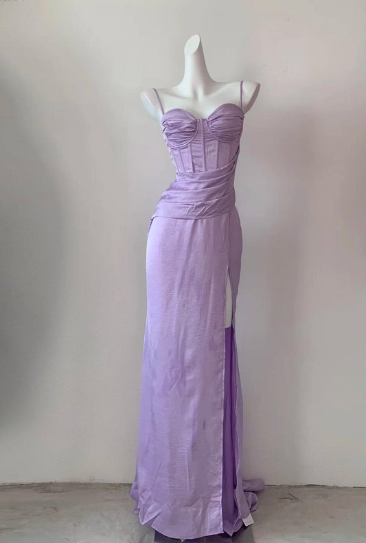 Elegant Purple Spaghetti Straps Sheath Satin Long Prom Dresses Formal Evening Gowns Short Ball Gowns ED02664