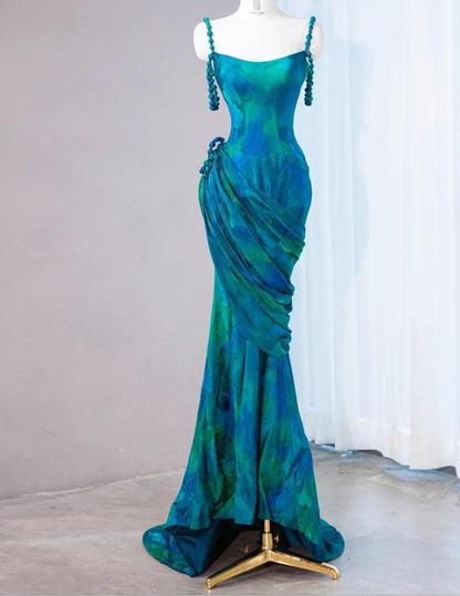 Stunning Turquoise Scoop Mermaid Jacquard Satin Long Prom Dresses Elegant Formal Evening Gowns ED02665