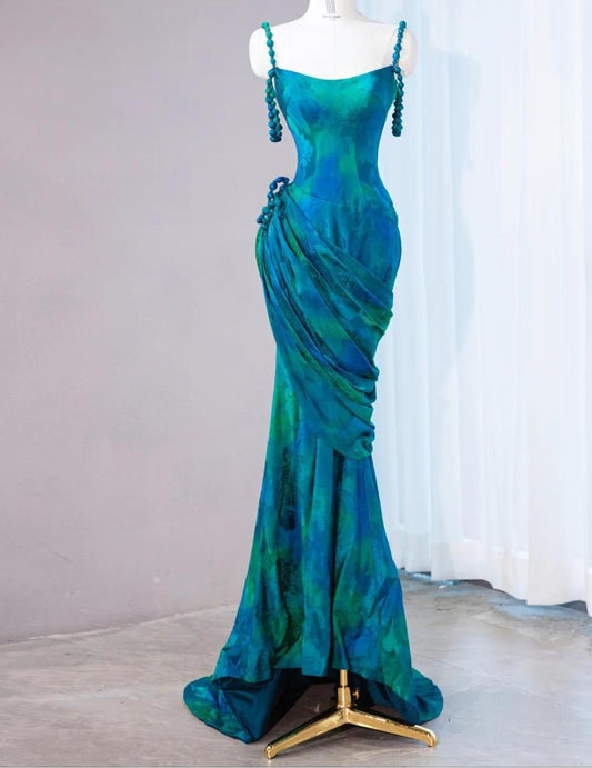 Stunning Turquoise Scoop Mermaid Jacquard Satin Long Prom Dresses Elegant Formal Evening Gowns ED02665