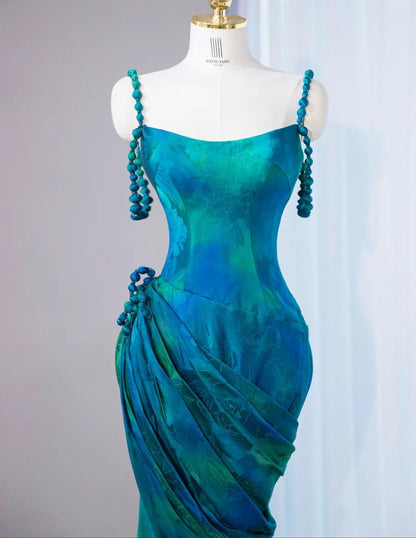 Stunning Turquoise Scoop Mermaid Jacquard Satin Long Prom Dresses Elegant Formal Evening Gowns ED02665
