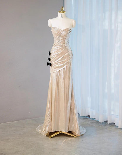 Elegant Champagne V-neck Mermaid Glitter Satin Long Prom Dresses Fashion Formal Evening Gowns ED02666