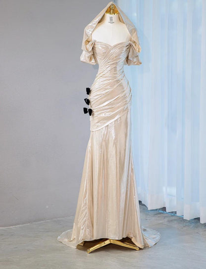Elegant Champagne V-neck Mermaid Glitter Satin Long Prom Dresses Fashion Formal Evening Gowns ED02666