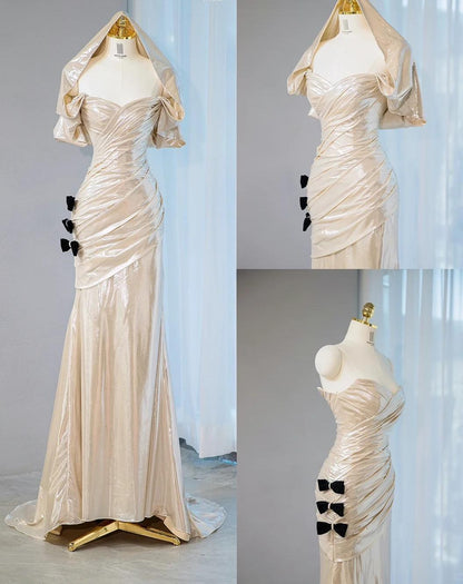 Elegant Champagne V-neck Mermaid Glitter Satin Long Prom Dresses Fashion Formal Evening Gowns ED02666