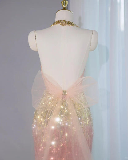 Gorgeous Ombre Peach Tulle V-Neck Mermaid Gold Sequins Long Prom Dresses Glam Formal Evening Dress ED02670