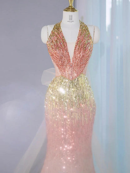 Gorgeous Ombre Peach Tulle V-Neck Mermaid Gold Sequins Long Prom Dresses Glam Formal Evening Dress ED02670