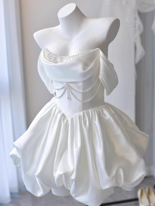 Simple White Off-the-shoulder A-Line Satin Short Prom Dresses Homecoming Dress with Pearls ED02671