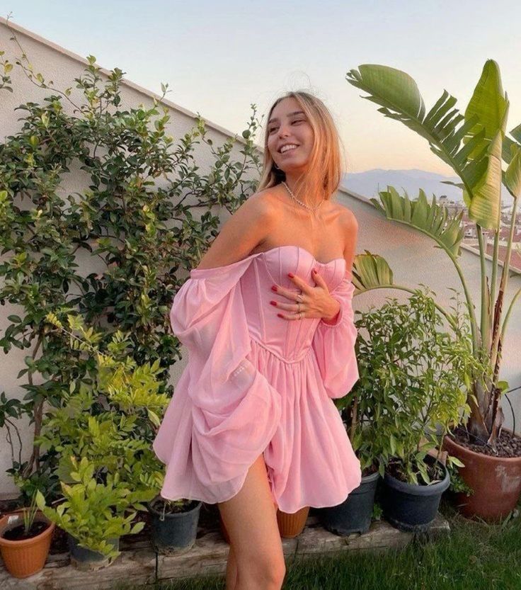 Elegant Pink Sweetheart Neck A-Line Chiffon Long Sleeve Short Prom Dresses Fashion Homecoming Dress ED02673