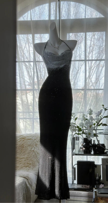 Elegant Black Halter Mermaid Chiffon Beading Long Prom Dresses Vintage Formal Evening Gowns ED02674