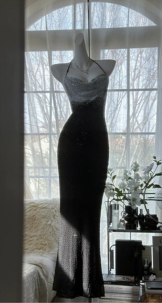 Elegant Black Halter Mermaid Chiffon Beading Long Prom Dresses Vintage Formal Evening Gowns ED02674