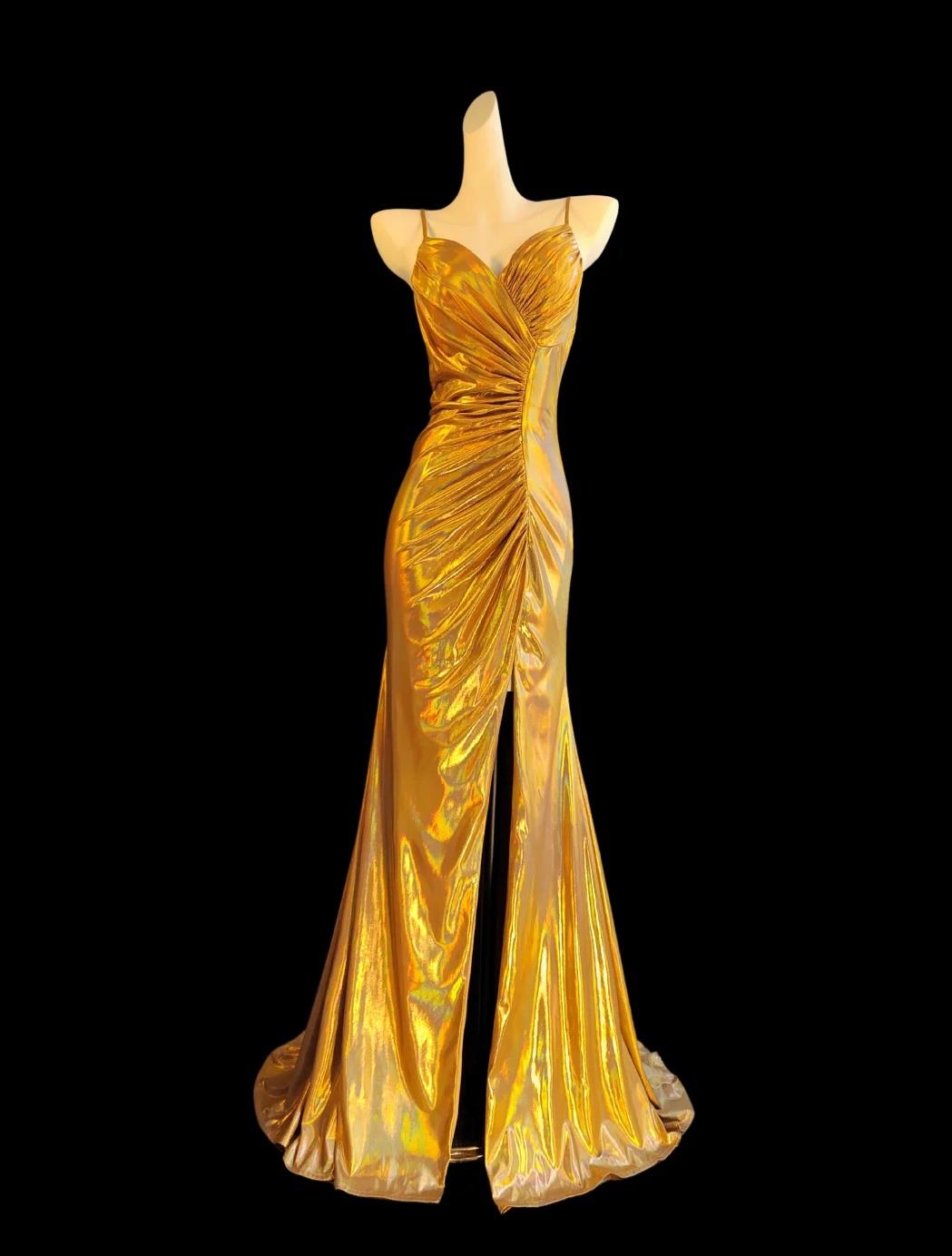 Gorgeous Gold Spaghetti Straps Mermaid Satin Long Prom Dresses Backless Evening Gowns With Slit ED02675