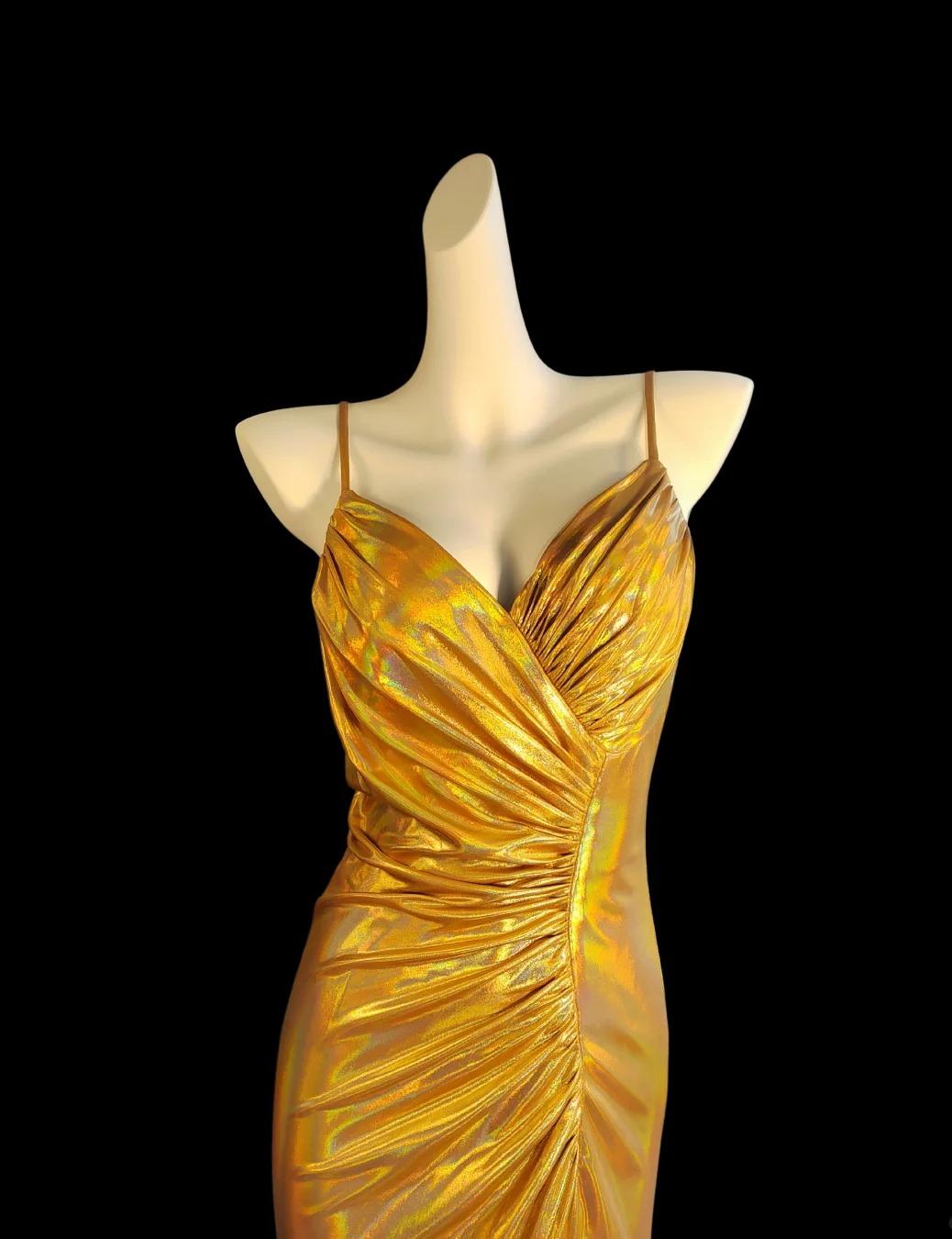 Gorgeous Gold Spaghetti Straps Mermaid Satin Long Prom Dresses Backless Evening Gowns With Slit ED02675