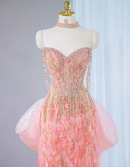 Sweet Pink Sweetheart Mermaid Beaded Tulle Long Prom Dresses Formal Evening Gowns ED02676