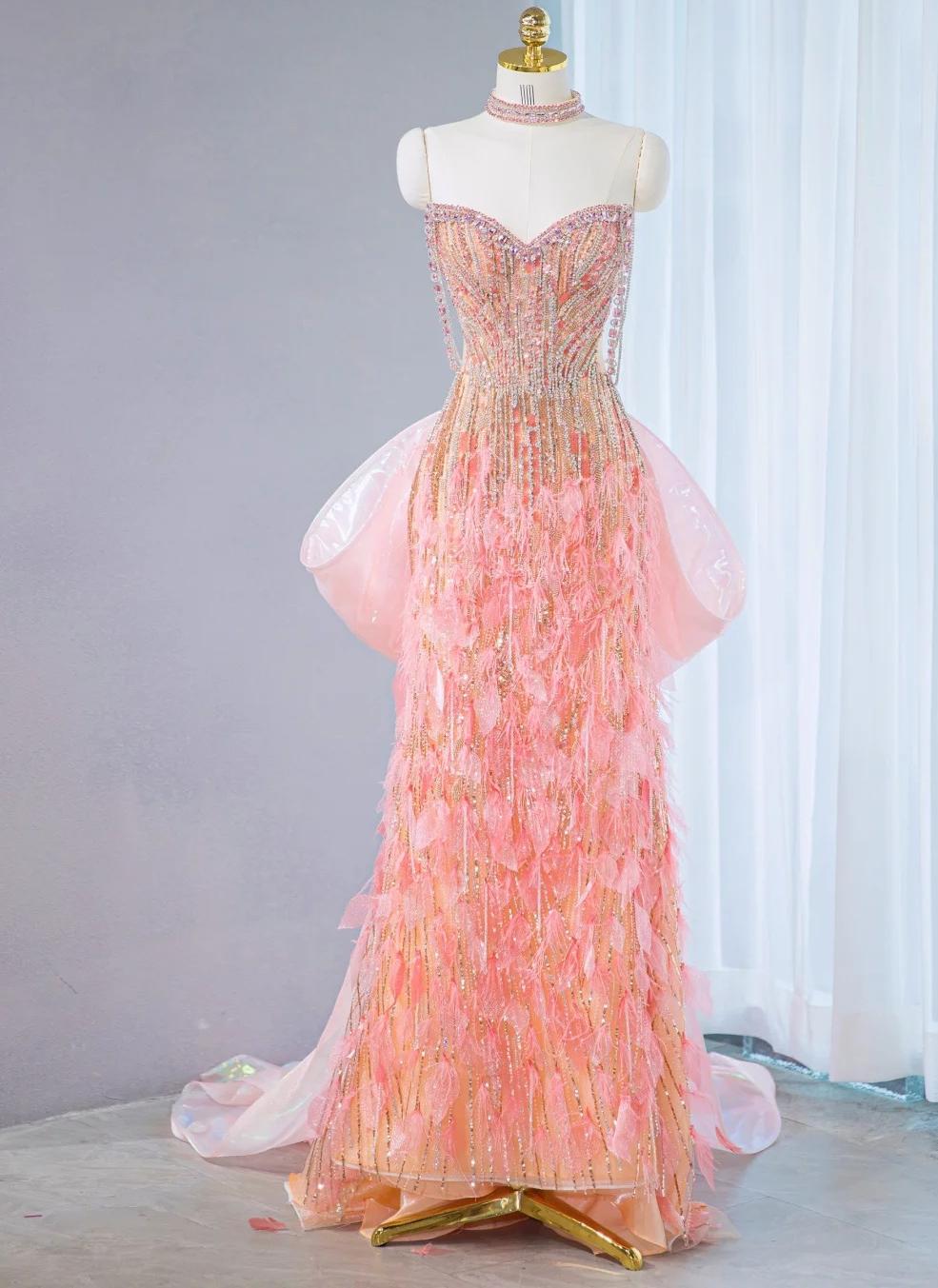 Sweet Pink Sweetheart Mermaid Beaded Tulle Long Prom Dresses Formal Evening Gowns ED02676