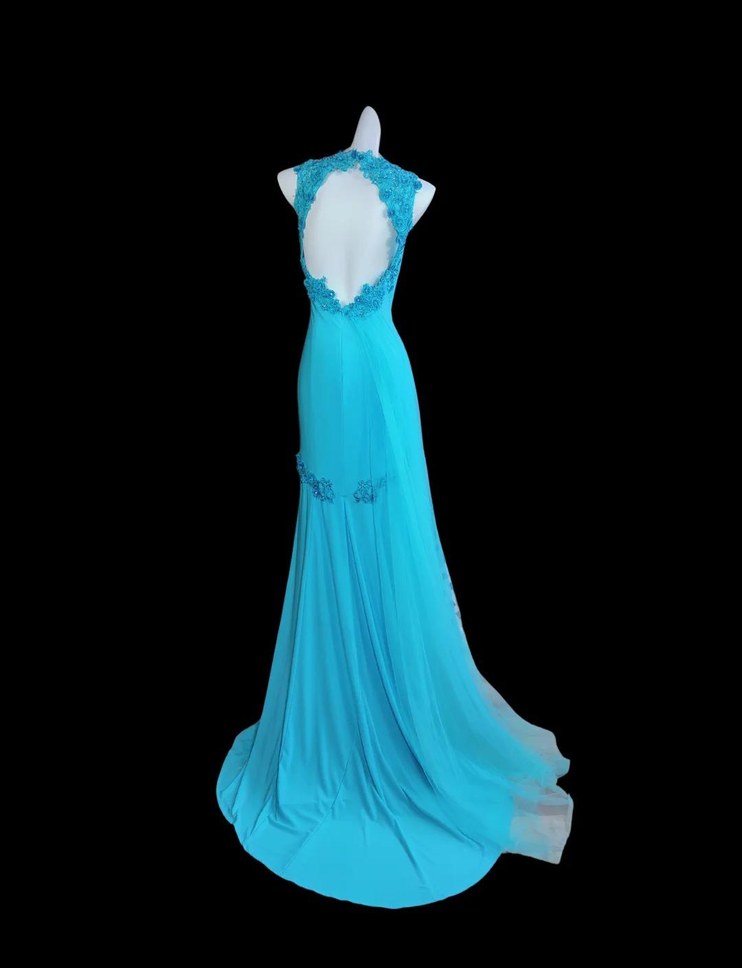 Glam Blue Halter Mermaid Chiffon Appliques Long Prom Dresses Formal Evening Gowns With Open Back ED02677