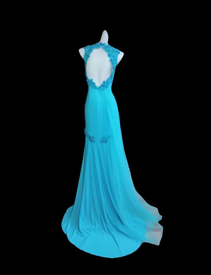 Glam Blue Halter Mermaid Chiffon Appliques Long Prom Dresses Formal Evening Gowns With Open Back ED02677