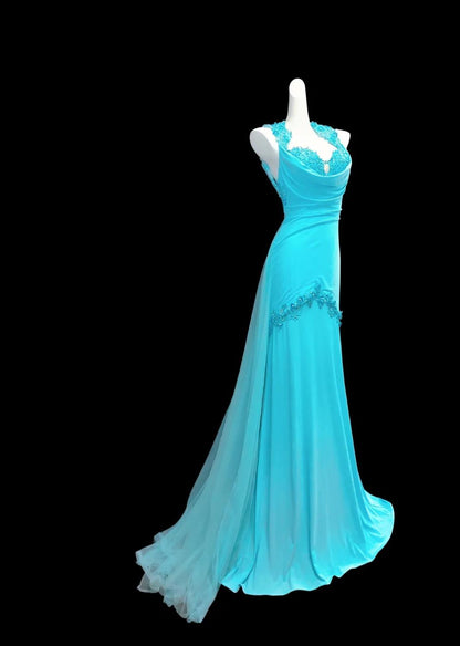 Glam Blue Halter Mermaid Chiffon Appliques Long Prom Dresses Formal Evening Gowns With Open Back ED02677