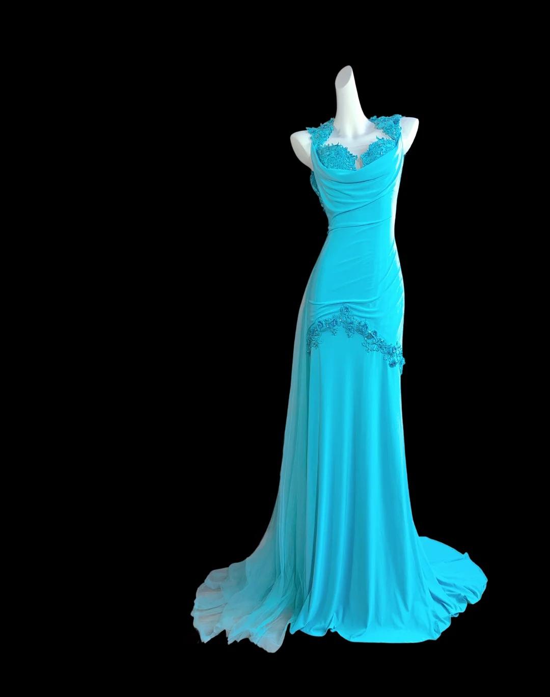 Glam Blue Halter Mermaid Chiffon Appliques Long Prom Dresses Formal Evening Gowns With Open Back ED02677