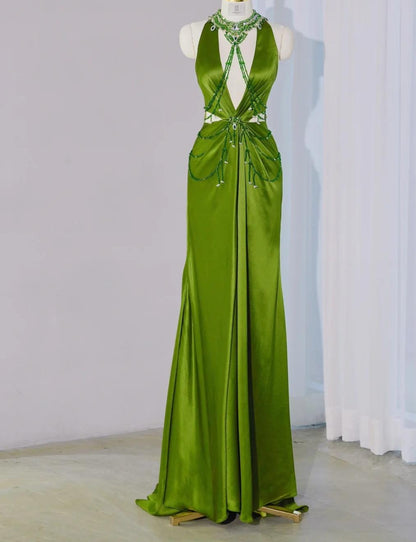 Stunning Green V-neck Sheath Satin Long Prom Dresses Formal Evening Gowns with Beading ED02679
